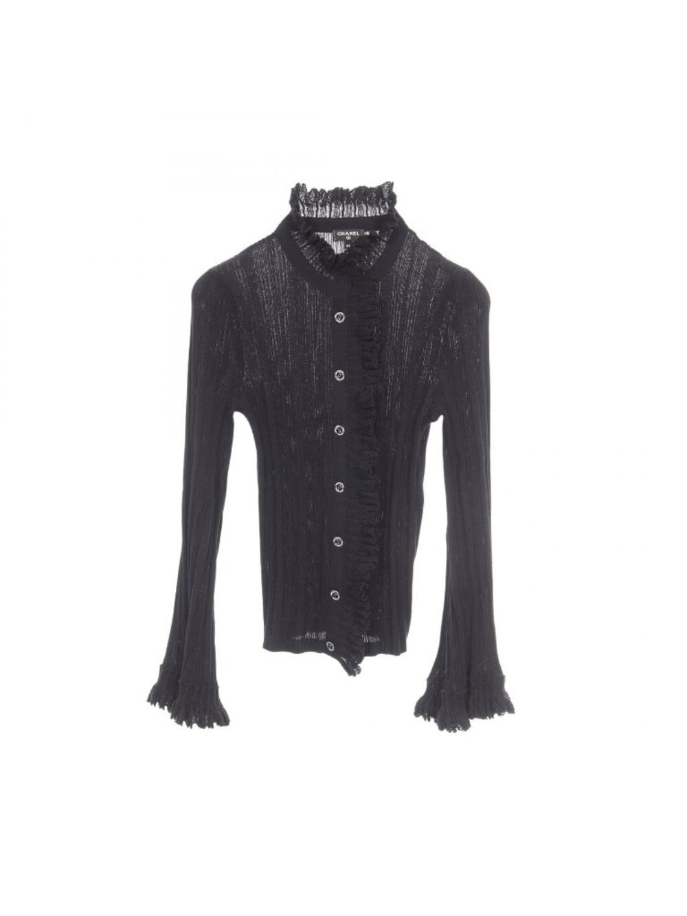 Chanel Blouse CC Logo Button Ruffle Knit Black Cotton Sweater